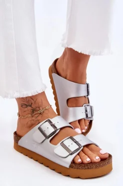 Outlet Big Star Shoes Klasyczne Damskie Klapki Big Star LL274476 Srebrne Srebrny