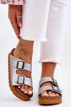 Outlet Big Star Shoes Klasyczne Damskie Klapki Big Star LL274476 Srebrne Srebrny