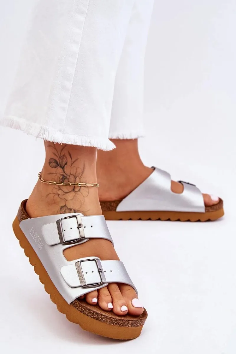 Outlet Big Star Shoes Klasyczne Damskie Klapki Big Star LL274476 Srebrne Srebrny