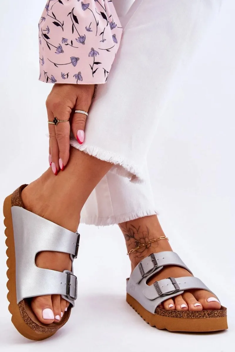 Outlet Big Star Shoes Klasyczne Damskie Klapki Big Star LL274476 Srebrne Srebrny