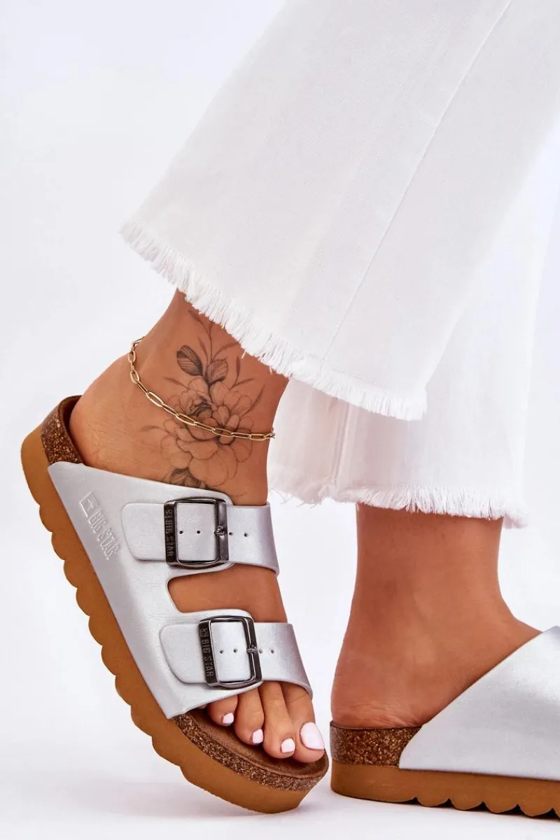 Outlet Big Star Shoes Klasyczne Damskie Klapki Big Star LL274476 Srebrne Srebrny