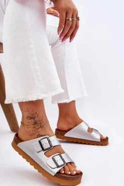 Outlet Big Star Shoes Klasyczne Damskie Klapki Big Star LL274476 Srebrne Srebrny