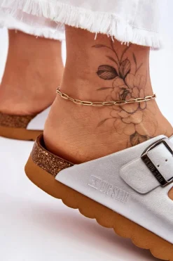 Outlet Big Star Shoes Klasyczne Damskie Klapki Big Star LL274476 Srebrne Srebrny