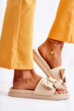 Klapki Damskie Klasyczne>Boto Klasyczne Damskie Klapki Skórzane Z Kokardą Beżowe Dessy