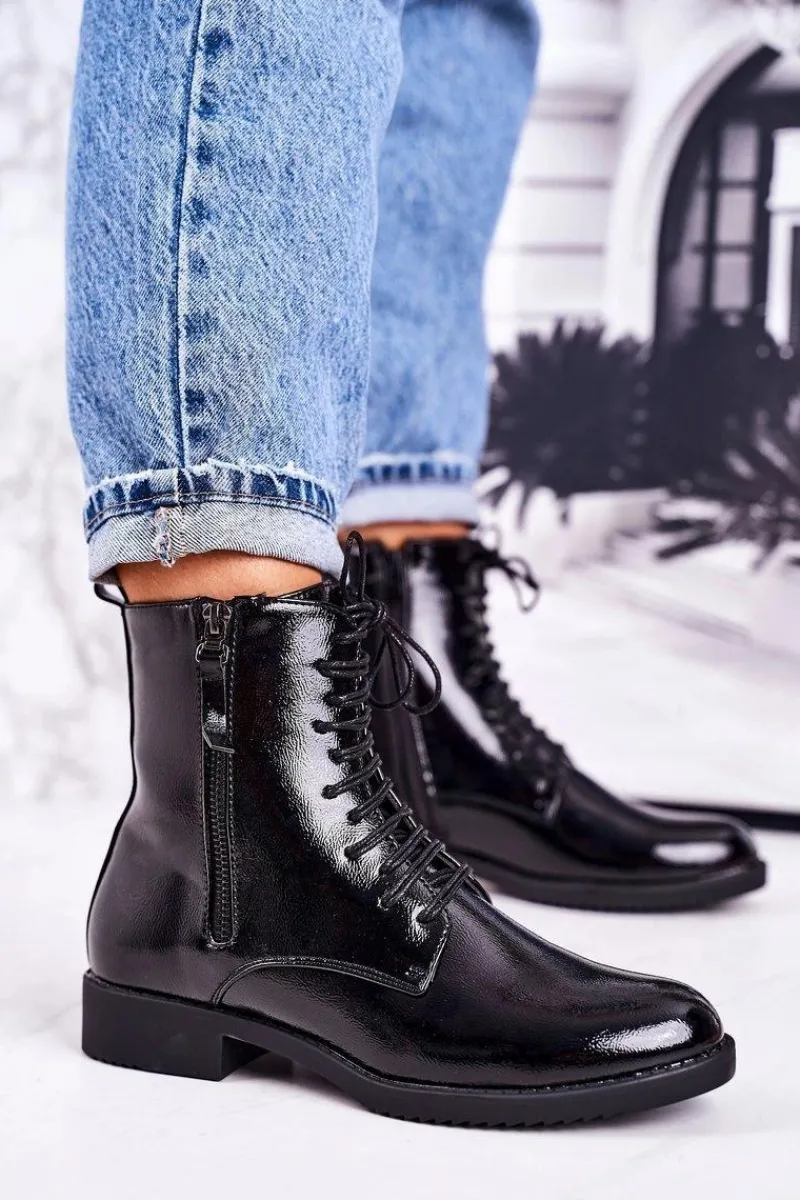 Botki Sznurowane|Czarne Botki>Boto Klasyczne Damskie Ocieplane Botki Lakierowane Czarne Simplicity