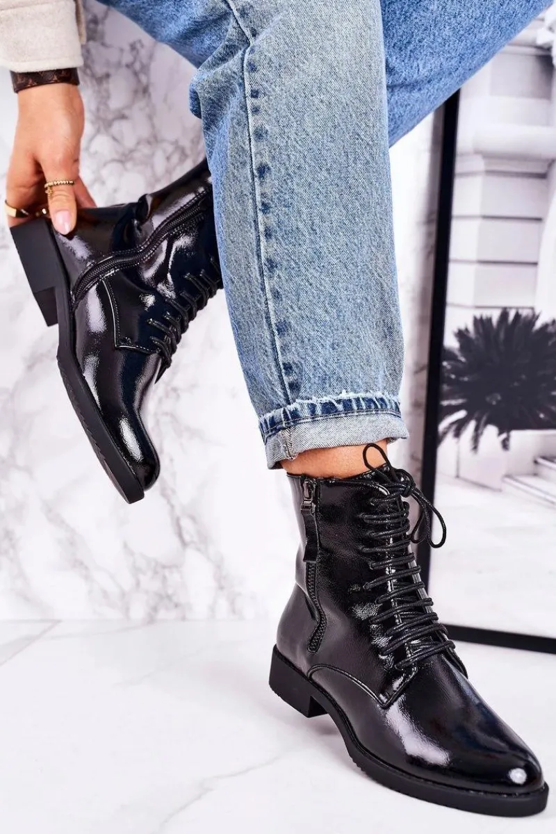 Botki Sznurowane|Czarne Botki>Boto Klasyczne Damskie Ocieplane Botki Lakierowane Czarne Simplicity