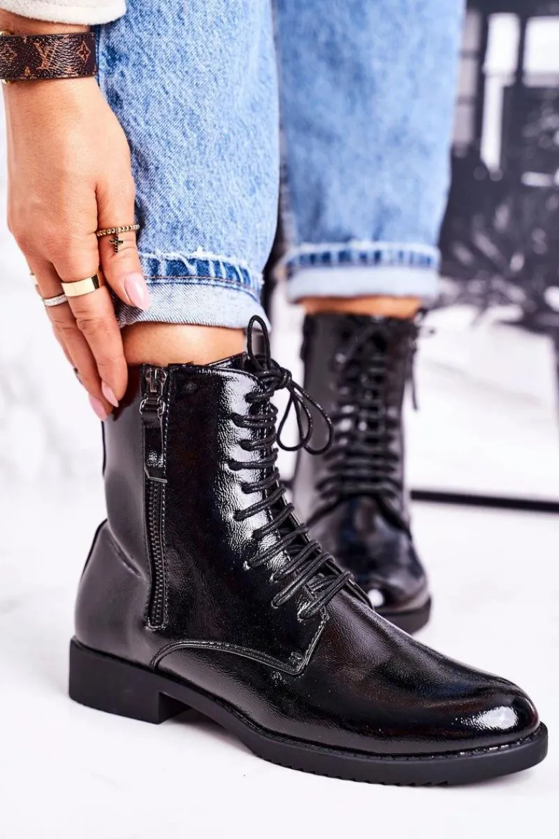 Botki Sznurowane|Czarne Botki>Boto Klasyczne Damskie Ocieplane Botki Lakierowane Czarne Simplicity