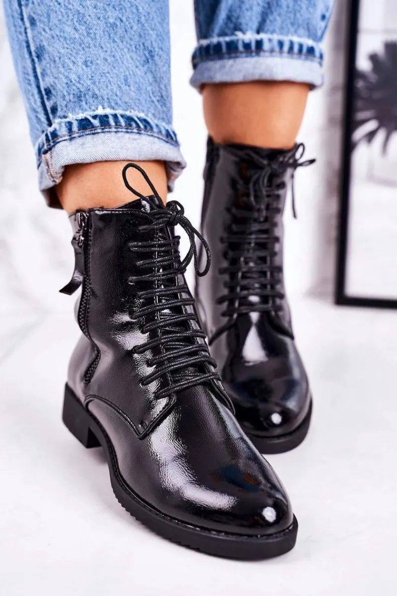 Botki Sznurowane|Czarne Botki>Boto Klasyczne Damskie Ocieplane Botki Lakierowane Czarne Simplicity