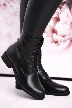 Online Klasyczne Damskie Ocieplane Botki Ozdobny Suwak Czarne Simple Damskie Botki Sznurowane|Czarne Botki