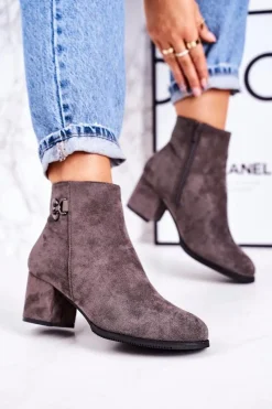 Discount Klasyczne Damskie Ocieplane Botki Na Słupku Szare Success Damskie Botki Na Słupku|Czarne Botki