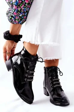 Sale Damskie buty S.Barski Klasyczne Damskie Ocieplane Botki Lakierowane Czarne Reflection