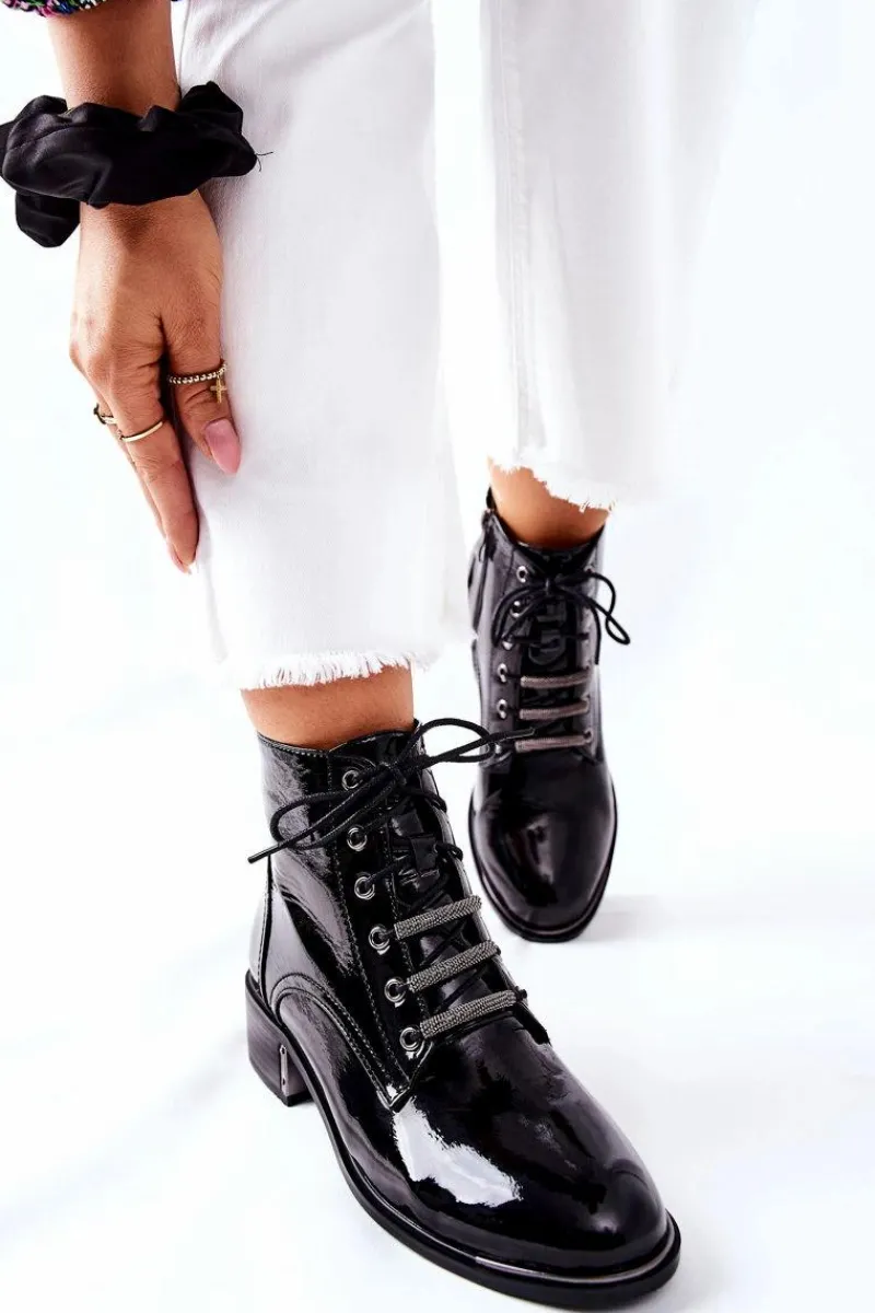 Sale Damskie buty S.Barski Klasyczne Damskie Ocieplane Botki Lakierowane Czarne Reflection