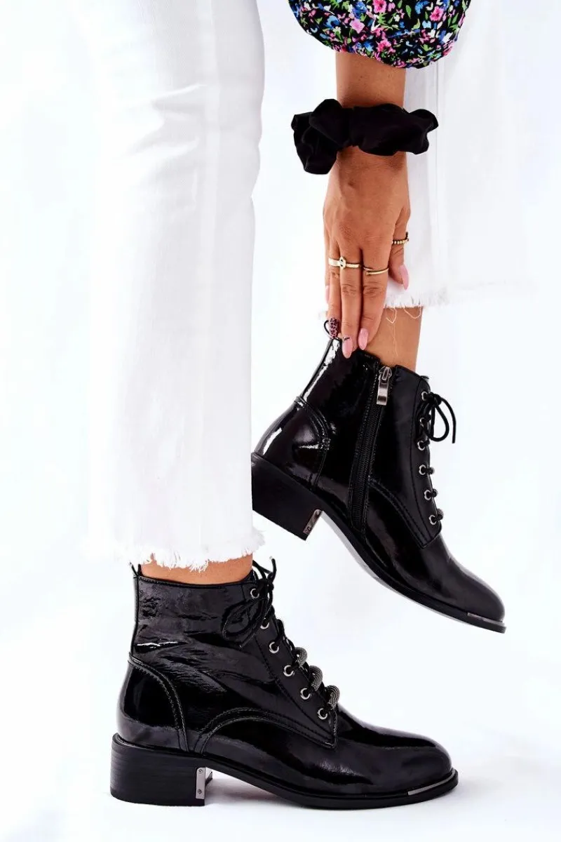 Sale Damskie buty S.Barski Klasyczne Damskie Ocieplane Botki Lakierowane Czarne Reflection