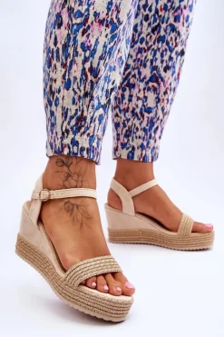 Hot Boto Klasyczne Damskie Sandały Na Koturnie Beżowe Malmo