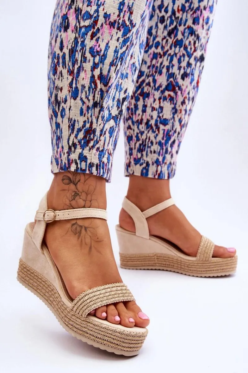 Hot Boto Klasyczne Damskie Sandały Na Koturnie Beżowe Malmo