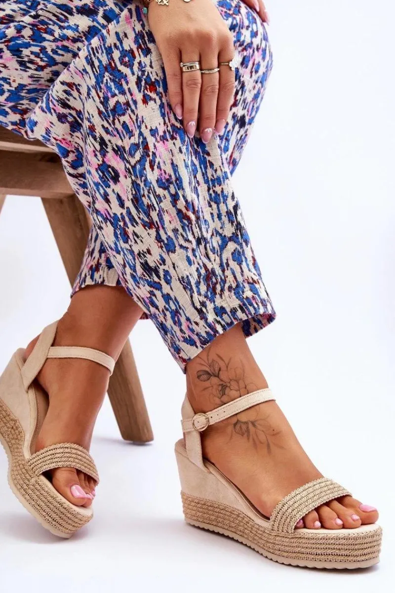 Hot Boto Klasyczne Damskie Sandały Na Koturnie Beżowe Malmo