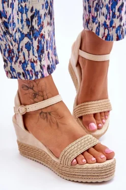 Hot Boto Klasyczne Damskie Sandały Na Koturnie Beżowe Malmo