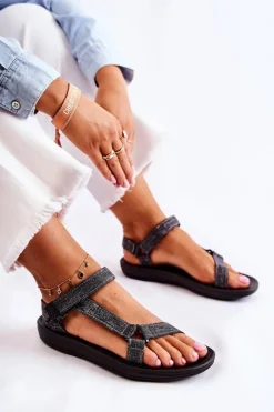 Sandały Płaskie></noscript>Boto Klasyczne Damskie Sandały Na Rzepy Czarne Kalla