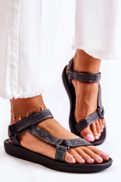 Sandały Płaskie></noscript>Boto Klasyczne Damskie Sandały Na Rzepy Czarne Kalla