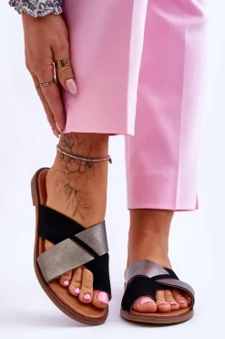 Best Evento Klasyczne Damskie Skórzane Klapki Czarno-Platynowe Nancy