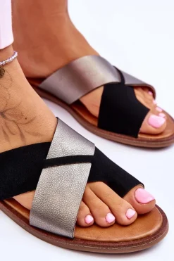 Best Evento Klasyczne Damskie Skórzane Klapki Czarno-Platynowe Nancy