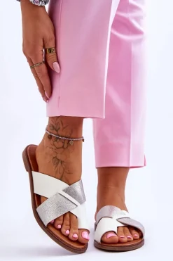 Outlet Klasyczne Damskie Skórzane Klapki Biało-Srebrne Nancy Damskie Klapki Damskie Klasyczne