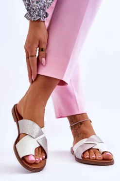 Outlet Klasyczne Damskie Skórzane Klapki Biało-Srebrne Nancy Damskie Klapki Damskie Klasyczne