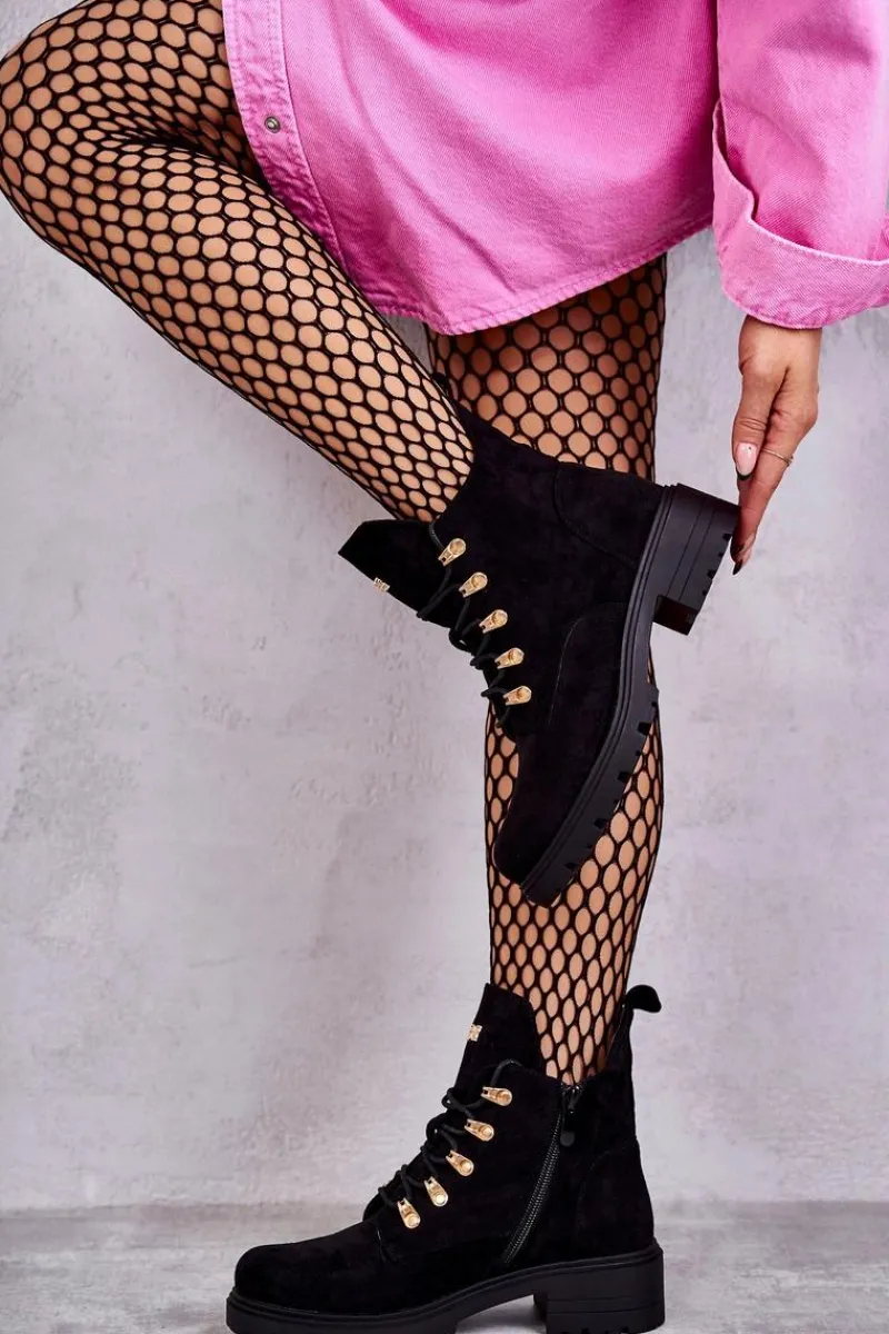 Hot Klasyczne Damskie Zamszowe Botki Czarne Telma Damskie Botki Wiosenne|Botki Sznurowane