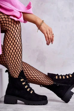 Hot Klasyczne Damskie Zamszowe Botki Czarne Telma Damskie Botki Wiosenne|Botki Sznurowane