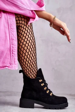 Hot Klasyczne Damskie Zamszowe Botki Czarne Telma Damskie Botki Wiosenne|Botki Sznurowane