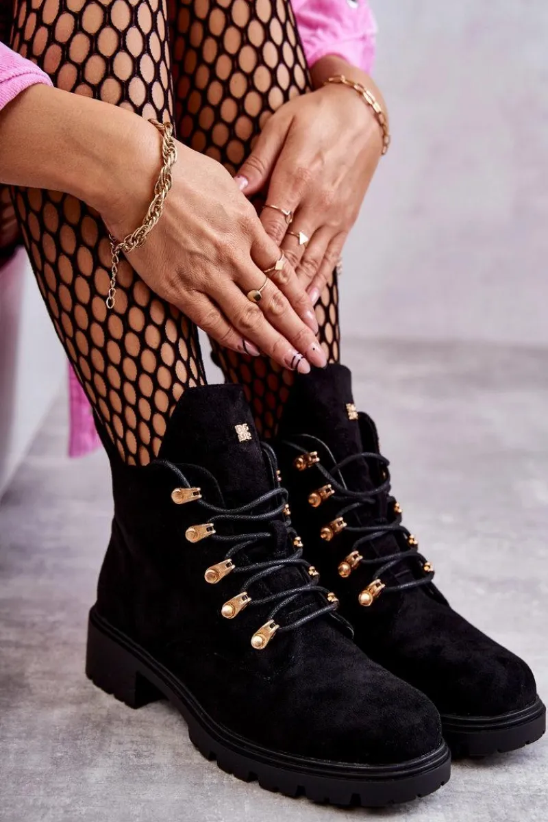 Hot Klasyczne Damskie Zamszowe Botki Czarne Telma Damskie Botki Wiosenne|Botki Sznurowane