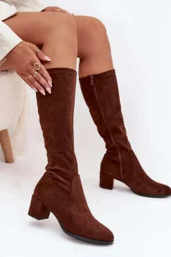 Klasyczne Eko Zamszowe Kozaki Sergio Leone KZ205 Ciemnobrązowe Damskie Kozaki Na Słupku|Kozaki Przed Kolano