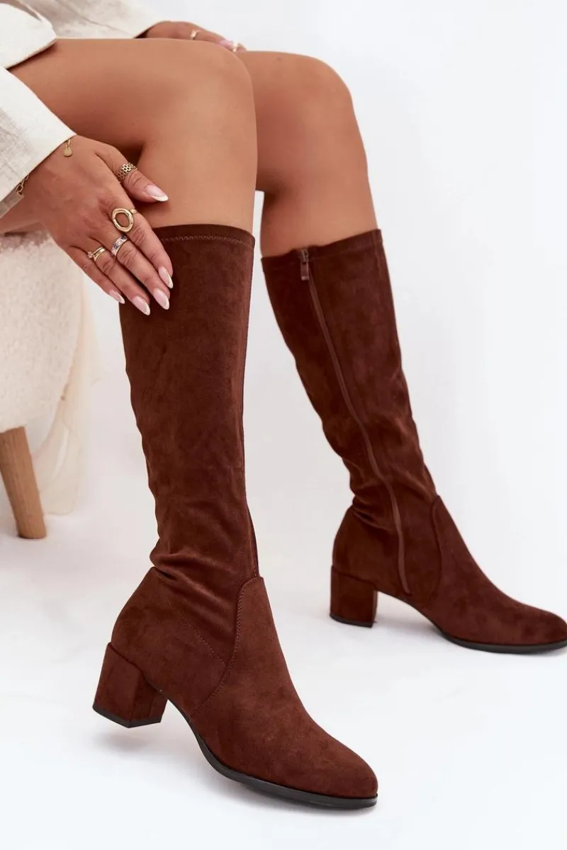 Klasyczne Eko Zamszowe Kozaki Sergio Leone KZ205 Ciemnobrązowe Damskie Kozaki Na Słupku|Kozaki Przed Kolano