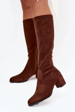 Klasyczne Eko Zamszowe Kozaki Sergio Leone KZ205 Ciemnobrązowe Damskie Kozaki Na Słupku|Kozaki Przed Kolano