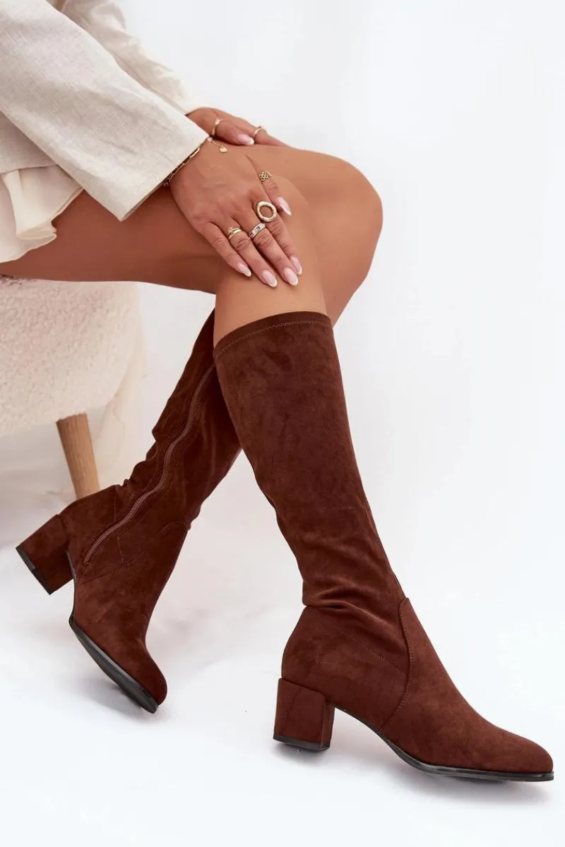 Klasyczne Eko Zamszowe Kozaki Sergio Leone KZ205 Ciemnobrązowe Damskie Kozaki Na Słupku|Kozaki Przed Kolano