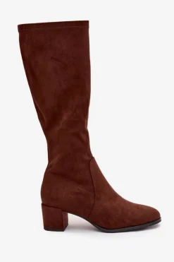 Klasyczne Eko Zamszowe Kozaki Sergio Leone KZ205 Ciemnobrązowe Damskie Kozaki Na Słupku|Kozaki Przed Kolano