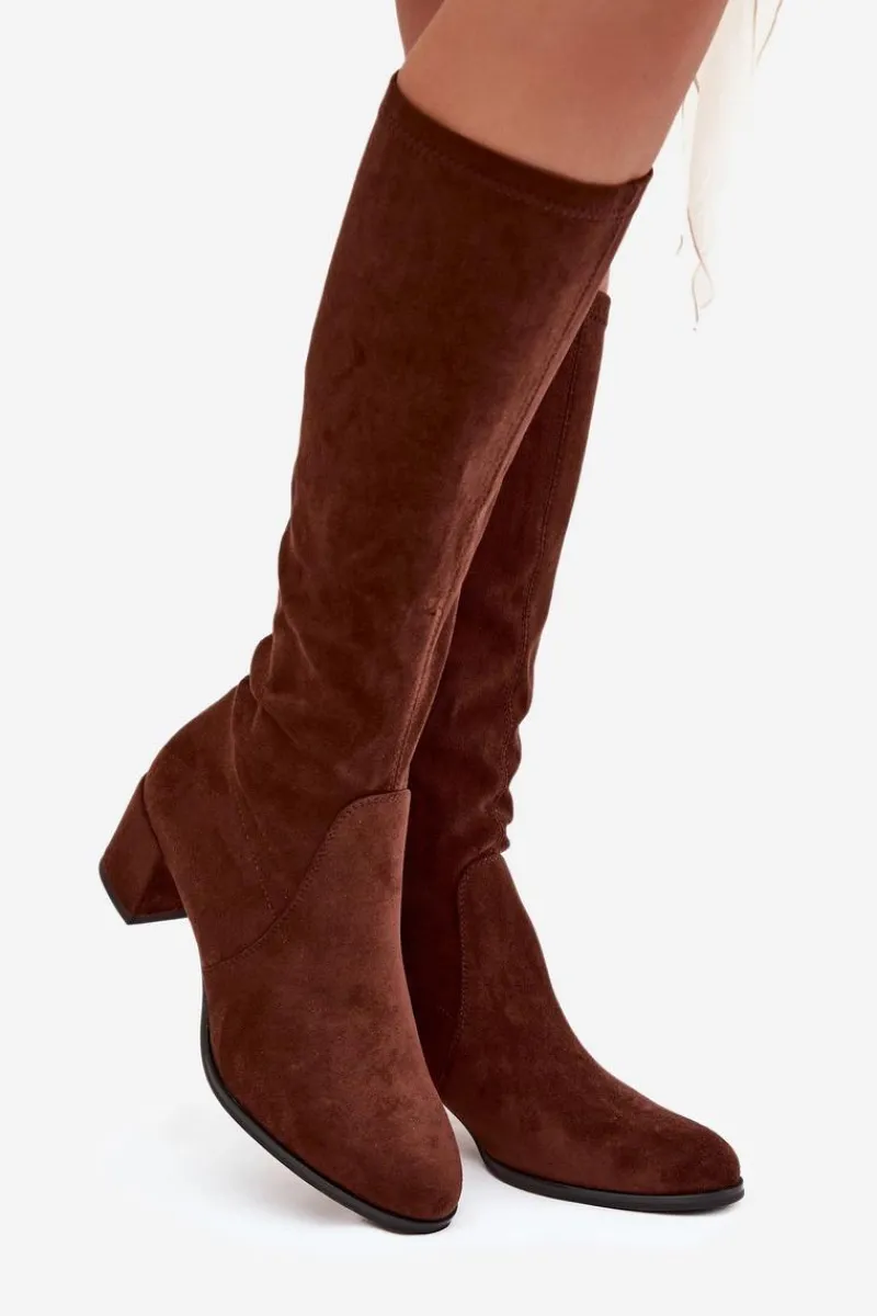 Klasyczne Eko Zamszowe Kozaki Sergio Leone KZ205 Ciemnobrązowe Damskie Kozaki Na Słupku|Kozaki Przed Kolano