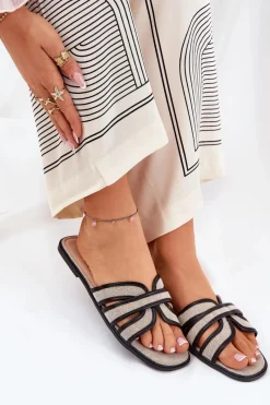 Clearance Boto Klasyczne Klapki Damskie Płaskie Beżowo-Czarne Scazze