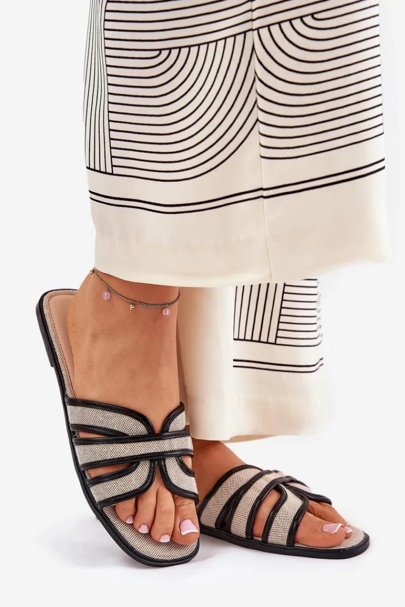 Clearance Boto Klasyczne Klapki Damskie Płaskie Beżowo-Czarne Scazze