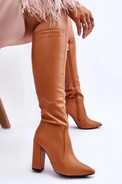 New Klasyczne Kozaki Na Słupku Camel Mayra Damskie Kozaki Przed Kolano|Kozaki Na Obcasie