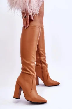 New Klasyczne Kozaki Na Słupku Camel Mayra Damskie Kozaki Przed Kolano|Kozaki Na Obcasie