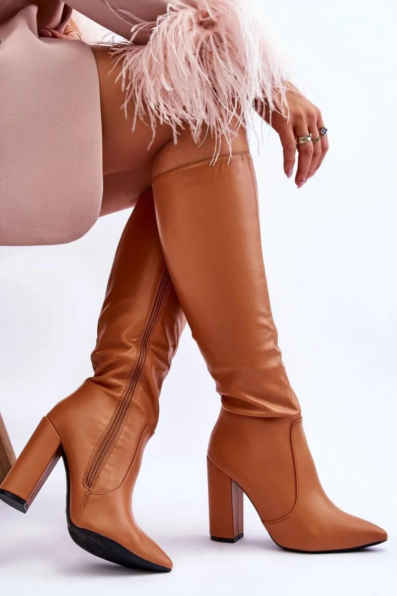 New Klasyczne Kozaki Na Słupku Camel Mayra Damskie Kozaki Przed Kolano|Kozaki Na Obcasie