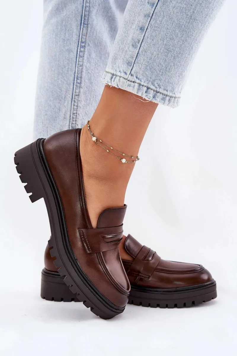 New Klasyczne Mokasyny Damskie Z Eko Skóry Brązowe Enticca Damskie Mokasyny Damskie Skórzane