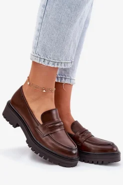 New Klasyczne Mokasyny Damskie Z Eko Skóry Brązowe Enticca Damskie Mokasyny Damskie Skórzane