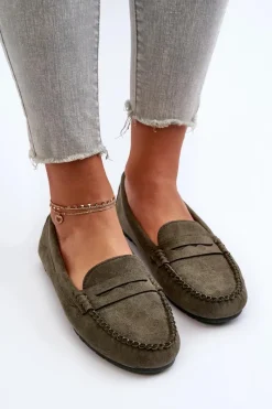 Outlet Klasyczne Mokasyny Damskie Zamszowe Ciemnozielone Glimris Damskie Loafersy Damskie|Mokasyny Damskie Zamszowe