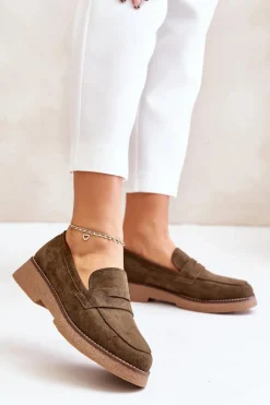 New Klasyczne Mokasyny Damskie Z Eko Zamszu Ciemnozielone Belania Damskie Loafersy Damskie|Mokasyny Damskie Zamszowe