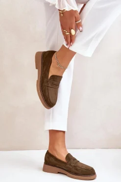 New Klasyczne Mokasyny Damskie Z Eko Zamszu Ciemnozielone Belania Damskie Loafersy Damskie|Mokasyny Damskie Zamszowe