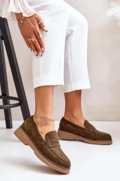 New Klasyczne Mokasyny Damskie Z Eko Zamszu Ciemnozielone Belania Damskie Loafersy Damskie|Mokasyny Damskie Zamszowe