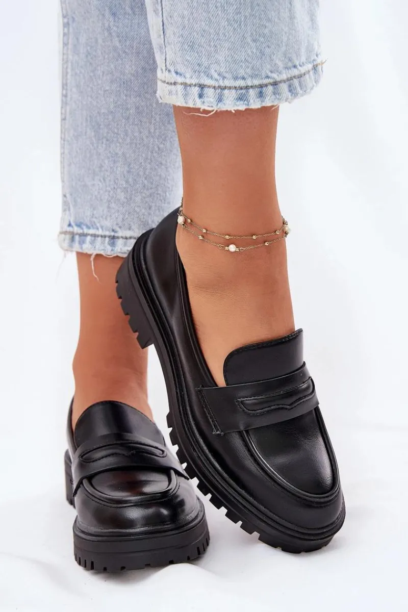 Mokasyny Damskie Skórzane>Evento Klasyczne Mokasyny Damskie Z Eko Skóry Czarne Enticca