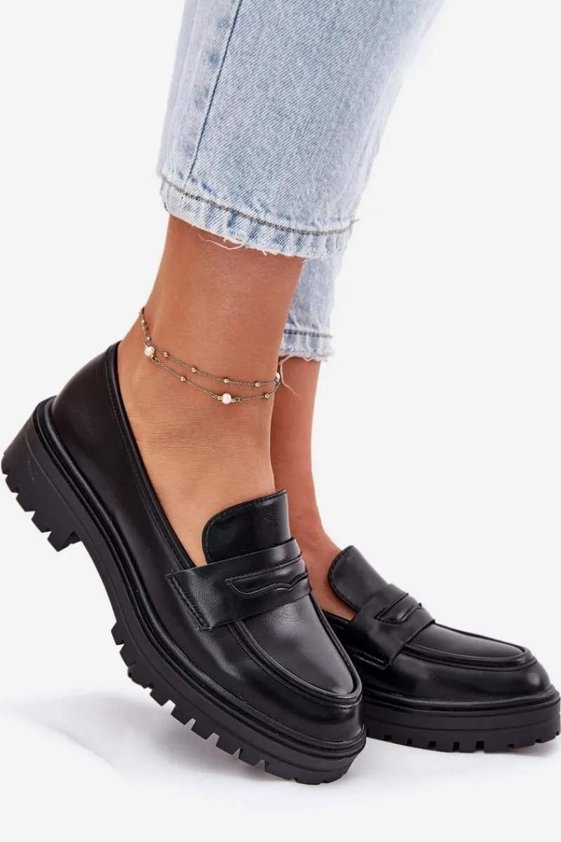 Mokasyny Damskie Skórzane>Evento Klasyczne Mokasyny Damskie Z Eko Skóry Czarne Enticca